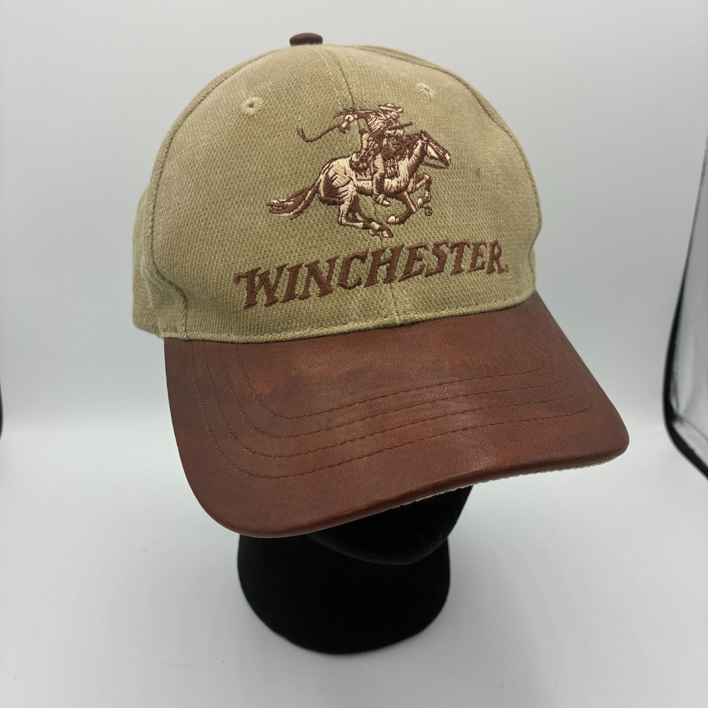 Winchester Horse & Rider Logo Cap Khaki Leather Bill Adjustable Strap